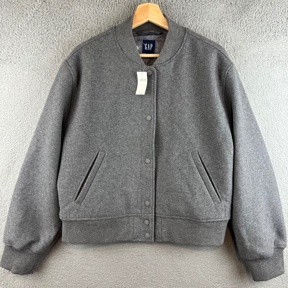 Gap Women Gray Wool Blend Varsity Bomber Jacket Snap Front NWT L